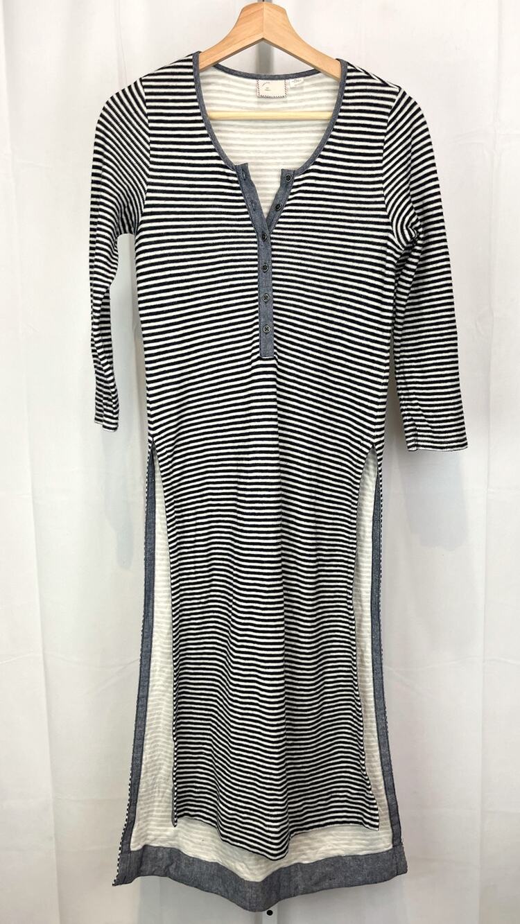 POSTMARK Anthropologie Size XS Striped Henley Tunic Side Slit Midi Navy White